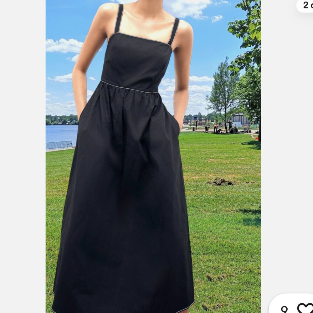 NWOT Zara Cotton Strappy Black Contrasting Topstitching Pockets Midi Dress US M